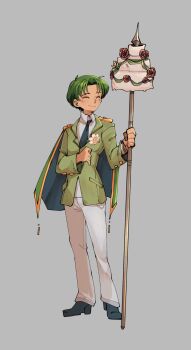 1boy alternate_costume cake charmwitch corsage fire_emblem fire_emblem:_path_of_radiance fire_emblem:_radiant_dawn fire_emblem_heroes food full_body green_hair groom highres holding holding_polearm holding_weapon male_focus necktie nintendo open_clothes oscar_(fire_emblem) polearm solo weapon