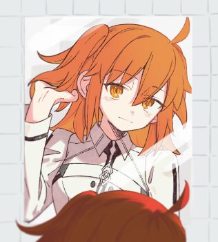 Rule 34 | 1girl, ahoge, chaldea logo, commentary, fate/grand order, fate (series), fujimaru ritsuka (female), gachide erai, hair lift, highres, light smile, long sleeves, looking at reflection, looking at viewer, medium hair, mirror, orange eyes, orange hair, shadow, short side ponytail, upper body, wing collar