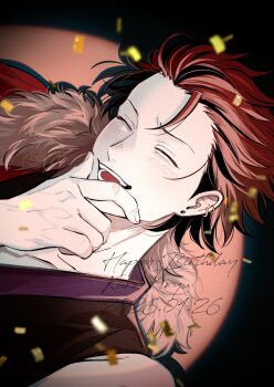 1boy banosanoshi black_hair character_name closed_eyes commentary_request confetti dated dutch_angle ear_piercing earrings ensemble_stars! fur_trim hand_on_own_face hand_up happy_birthday highres jewelry kiryu_kuro male_focus multicolored_hair open_mouth piercing red_hair short_hair smile solo streaked_hair teeth two-tone_hair