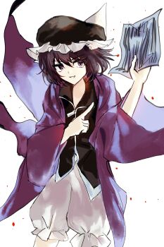 1other absurdres androgynous black_hat black_shirt chinese_commentary coattails collared_shirt commentary commentary_request cowboy_shot detached_hood english_commentary floating_clothes floating_hair frilled_headwear frilled_shorts frills hair_between_eyes hat highres holding holding_paper hood hood_down hooded_jacket jacket legs_apart len&#039;en long_sleeves looking_at_viewer mixed-language_commentary mob_cap open_clothes open_jacket open_mouth other_focus paper petals pointing puffy_shorts purple_eyes purple_hair purple_jacket shirt shitodo_kuroji short_hair shorts simple_background smirk smug solo standing triangular_headpiece white_background white_shorts wide_sleeves yancao_(pixiv_103434280) zipper