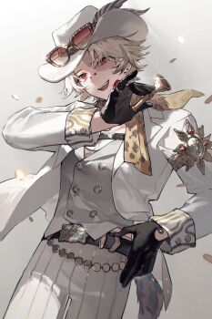 1boy :d animal_print beikupangxie belt black_belt black_gloves buttons coin cowboy_hat cowboy_shot double-breasted eyewear_on_headwear floating_clothes gloves grey_vest half_gloves hand_on_own_hip hat head_tilt highres identity_v jacket jewelry leopard_print looking_at_viewer male_focus norton_campbell norton_campbell_(dazzling_lone_wolf) official_alternate_costume open_mouth pants pectoral_cleavage pectorals red-tinted_eyewear red_eyes ring scarf smile solo striped_clothes striped_pants sunglasses tinted_eyewear vertical-striped_clothes vertical-striped_pants vest white_hat white_jacket white_pants