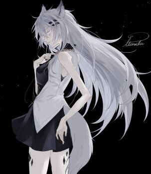 1girl absurdres animal_ear_fluff animal_ears antenna_hair arknights armpit_crease artist_name bare_arms bare_legs bare_shoulders black_background black_dress black_nails breasts commentary cowboy_shot cross dress expressionless eyelashes finger_to_neck fingernails floating_hair from_side grey_eyes grey_hair grey_tail hair_ornament hairclip hand_on_own_hip hand_up high_collar highres index_finger_raised itonatsu jewelry lappland_(arknights) latin_cross light_particles long_hair looking_afar looking_down material_growth medium_breasts messy_hair nail_polish necklace oripathy_lesion_(arknights) outstretched_hand pale_skin parted_lips popped_collar profile scar scar_across_eye scar_on_face short_dress signature simple_background sleeveless solo standing tail teeth very_long_hair vest white_vest wolf_ears wolf_girl wolf_tail