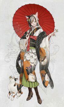 Rule 34 | 1girl, :p, animal ears, black hair, black scarf, blunt bangs, boots, brown boots, brown hair, bug, butterfly, cat, cat ears, cat girl, green eyes, green nails, green skirt, hair ornament, highres, insect, itou (very ito), japanese clothes, kimono, long hair, looking at animal, multicolored hair, oil-paper umbrella, original, parted bangs, scarf, simple background, skirt, streaked hair, string of pearls, tongue, tongue out, umbrella, white hair