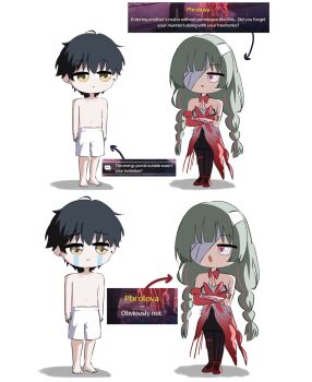 1boy 1girl bandage_over_one_eye barefoot black_hair black_pantyhose black_skirt braid chibi chibi_only commentary crossed_arms crying cryne dress english_commentary english_text game_screenshot_inset grey_eyes grey_hair halter_dress halterneck highres long_hair looking_at_another low_twin_braids male_rover_(wuthering_waves) multicolored_hair pantyhose phrolova_(wuthering_waves) red_dress rover_(wuthering_waves) scene_reference shorts simple_background skirt streaked_hair streaming_tears tears topless_male twin_braids white_background white_shorts wuthering_waves yellow_eyes