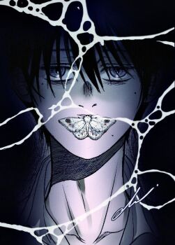 1boy animal_on_face animal_request ariannareborn black_hair collared_shirt commentary english_commentary grey_eyes hikaru_ga_shinda_natsu looking_at_viewer male_focus mole mole_on_cheek mole_under_eye mole_under_mouth multiple_moles shirt slit_pupils solo tsujinaka_yoshiki white_shirt