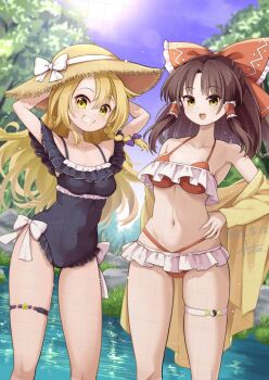 2girls alternate_costume alternate_headwear bikini black_one-piece_swimsuit blonde_hair blue_sky bow braid breasts brown_eyes brown_hair brown_hat collarbone commentary_request covered_navel dated day frilled_bow frilled_hair_tubes frills futa_(nabezoko) grin hair_bow hair_tubes hakurei_reimu hand_on_own_hip hat hat_bow kirisame_marisa long_hair looking_at_viewer multiple_girls navel one-piece_swimsuit open_mouth outdoors red_bikini red_bow side_braid signature single_braid sky smile stomach straw_hat sun swimsuit thigh_strap thighs touhou water watermark watermark_grid white_bow yellow_eyes
