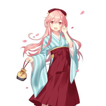 Rule 34 | 1girl, aqua kimono, bag, bow, breasts, commentary request, hair bow, hair rings, hakama, hakama skirt, holding, holding bag, holding own hair, japanese clothes, kimono, long hair, medium breasts, open mouth, pink eyes, pink hair, red bow, red hakama, rie (reverie), ron cercle, skirt, striped clothes, striped kimono, uchi no hime-sama ga ichiban kawaii, vertical-striped clothes, vertical-striped kimono, very long hair