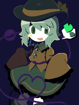 1girl aqua_hair black_hat blue_background blush_stickers boots bow buttons circle_skirt collared_shirt commentary cowboy_shot diamond_button dot_nose english_commentary fang frilled_shirt_collar frilled_skirt frilled_sleeves frills green_boots green_eyes green_skirt hair_between_eyes halftone happy hat hat_bow heart heart_of_string knee_boots kokum0tsu komeiji_koishi long_sleeves miniskirt open_mouth pale_skin pleated_skirt shirt short_hair sidelocks simple_background single_blush_sticker skirt sleeves_past_fingers sleeves_past_wrists smile solo speech_bubble spoken_heart standing swept_bangs tareme third_eye touhou wide_sleeves yellow_bow yellow_shirt