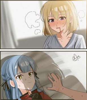 2girls absurdres aroused_nosebleed bang_dream! bang_dream!_it&#039;s_mygo!!!!! black_ribbon blonde_hair blood blue_hair blush chinese_commentary closed_mouth commentary_request haidao_mao hair_ribbon highres long_hair medium_hair misumi_uika multiple_girls nosebleed oblivionis_(bang_dream!) open_mouth purple_eyes red_shirt ribbon shadow shirt sweat togawa_sakiko white_shirt yellow_eyes yukadon yuri