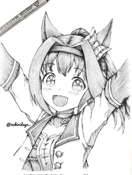 Rule 34 | 1girl, animal ears, arms up, art tools in frame, bow, choker, choppy bangs, commentary, corrupted twitter file, cropped torso, dot nose, english commentary, greyscale, hair bow, hair intakes, hairband, haru urara (umamusume), highres, horse ears, horse girl, jacket, looking at viewer, medium hair, monochrome, nakiri virus, open clothes, open jacket, open mouth, pen (medium), photo (medium), ponytail, shirt, smile, solo, traditional media, twitter username, umamusume