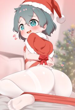 1girl @_@ absurdres arms_behind_back ass ass_focus bdsm black_hair blue_eyes blush bondage bound bound_wrists bow box_tie breasts capelet chis_(js60216) christmas christmas_tree female_focus hat highres kaban_(kemono_friends) kemono_friends loli looking_at_viewer looking_back open_mouth pantyhose red_bow red_capelet red_ribbon ribbon ribbon_bondage santa_costume santa_hat short_hair sitting small_breasts smile soles solo wariza white_pantyhose