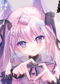Rule 34 | 1girl, :3, bare shoulders, black bow, black nails, black ribbon, blush, bow, bowtie, buttons, closed mouth, comiket 106, commentary request, eyes visible through hair, four-finger heart hands, frilled sleeves, frills, glint, grey background, hair between eyes, hair bow, hair ornament, hair ribbon, hands up, heart, heart-shaped pupils, heart button, heart hair ornament, heart hands, huge bow, izumi tsubasu, jirai kei, lips, long hair, long sleeves, looking at viewer, nail polish, original, pink hair, pink shirt, purple eyes, ribbon, see-through bow, see-through bowtie, shirt, simple background, sleeve bow, smile, solo, symbol-shaped pupils, twintails, upper body, x hair ornament