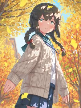 1girl black_hair blue_eyes blue_ribbon blue_skirt blush bow braid cardigan from_side ginkgo_leaf hair_bow hayashi_naoharu highres isonami_(kancolle) kantai_collection leaf long_hair looking_at_viewer neck_ribbon open_cardigan open_clothes pleated_skirt red_bow ribbon sailor_collar school_uniform serafuku sidelocks skirt smile solo twin_braids