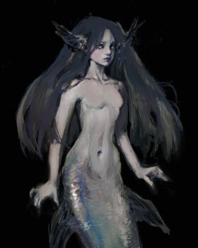 1girl absurdres bags_under_eyes black_background black_hair commentary english_commentary floating_hair head_wings highres light_frown long_hair looking_at_viewer mermaid monster_girl original simple_background solo twulfs wings yellow_eyes