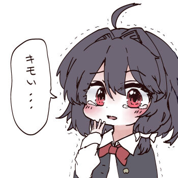 1girl absurdres ahoge alternate_eye_color black_capelet black_hair blush blush_stickers bow bowtie capelet chibi chibi_only collared_shirt hair_between_eyes hair_bow highres long_sleeves muraryo no_headwear open_mouth red_bow red_bowtie red_eyes shirt short_hair simple_background sleeve_cuffs speech_bubble tears touhou translated trembling usami_renko white_background white_bow white_shirt