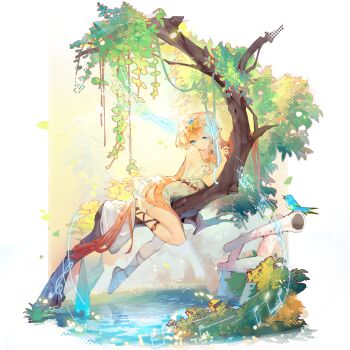 1girl backless_outfit bare_shoulders benghuai_xueyuan bird blonde_hair blue_eyes blue_nails branch closed_mouth full_body honkai_(series) long_hair lying mukosi_(benghuai_xueyuan) musical_note official_art on_branch on_tree pointy_ears sand smile solo tiara transparent_background water