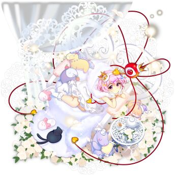 1girl aged_down alternate_costume animalization black_cat cat child crown cup disembodied_linked_eye dress eyeball falling_petals flower game_asset gloves hair_ornament hairband hands_on_own_cheeks hands_on_own_face heart heart_hair_ornament highres kaenbyou_rin kaenbyou_rin_(cat) komeiji_satori komeiji_satori_(tiny_underworld_queen) looking_at_viewer multiple_tails official_art petals pink_eyes pink_hair pink_slippers rose rotte_(1109) sitting slippers socks sparkle stuffed_animal stuffed_elephant stuffed_hippopotamus stuffed_horse stuffed_tiger stuffed_toy table tail tea teacup teapot third-party_source touhou touhou_lostword transparent_background two_tails white_dress white_flower white_gloves white_hairband white_petals white_rose white_socks