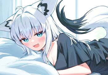 1girl :d ahoge animal_ear_fluff animal_ears aqua_eyes blush breasts cleavage commentary_request deaver double-parted_bangs fox_ears fox_girl fox_tail hair_between_eyes highres hololive indoors long_hair looking_at_viewer lying medium_breasts on_bed on_stomach open_mouth pentagram shirakami_fubuki shirt sidelocks smile solo t-shirt tail virtual_youtuber white_hair
