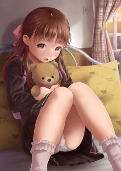 1girl backpack bag bed brown_hair hair_ribbon highres loli long_hair looking_at_viewer on_bed original panties pantyshot pillow print_panties ribbon school_uniform sitting skirt socks solo stuffed_animal stuffed_toy surprised teddy_bear thighs underwear wadachitokakeru