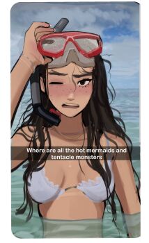 Rule 34 | 1girl, aroused, bikini, blush, breasts, disappointed, diving, freckles, goggles, goggles on head, hexia (miaormoa), highres, jewelry, miaormoa, necklace, ocean, original, snapchat, solo, swimsuit, wet, wet clothes, wet face, wet hair, wet swimsuit