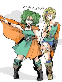 2girls ancestor_and_descendant asymmetrical_legwear belt bianca_(dq5) bianca_(dq5)_(cosplay) blonde_hair blue_eyes blue_panties blue_socks boots bracelet braid breasts brown_footwear bykillt cape circlet cloud cloudy_sky collarbone commentary_request cosplay costume_switch curly_hair dated detached_sleeves dragon_quest dragon_quest_iv dragon_quest_v dress earrings full_body gloves green_dress green_hair green_shirt green_socks hair_over_shoulder heroine_(dq4) heroine_(dq4)_(cosplay) jewelry knee_boots light_blush long_hair looking_at_another looking_at_viewer medium_breasts medium_hair multiple_girls neck_ring open_mouth orange_cape orange_sleeves outstretched_arms panties shirt single_bare_shoulder single_braid single_detached_legging single_detached_sleeve single_glove sky socks standing sweatdrop thigh_strap underwear