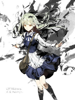 Rule 34 | 1girl, absurdres, animal ears, arknights, bag, bang dream!, bang dream! it's mygo!!!!!, blue eyes, brown bag, commentary, dress, green hair, hair ornament, hairclip, highres, long hair, parted lips, pinafore dress, rabbit ears, rabbit girl, shenwanjia, shirt, shoulder bag, sleeveless, sleeveless dress, solo, wakaba mutsumi, wakaba mutsumi (cautus), white shirt, yellow eyes