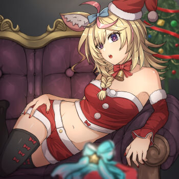 1girl abe_buson absurdres ahoge animal_ear_fluff animal_ears bell blonde_hair bow bowtie braid breasts christmas christmas_ornaments christmas_tree commentary_request couch crop_top detached_sleeves fox_ears fox_girl fur-trimmed_crop_top fur-trimmed_headwear fur-trimmed_shorts fur_trim gift hair_ornament hair_over_shoulder hand_on_own_hip hat heart highres hololive indoors jingle_bell long_hair looking_at_viewer lying midriff multicolored_hair navel neck_bell omaru_polka on_couch on_side open_mouth pink_hair purple_eyes red_nails red_shorts santa_hat shorts side_braid single_braid single_detached_sleeve sleeveless solo streaked_hair thighhighs thighs virtual_youtuber