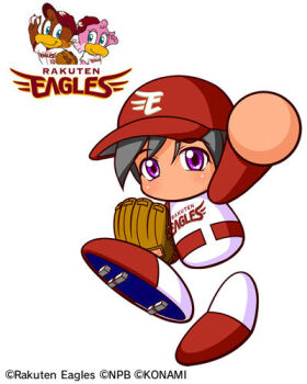 1girl arm_up artist_request baseball_cap baseball_glove baseball_uniform belt black_hair clutch_(touhoku_rakuten_golden_eagles) clutchena_(touhoku_rakuten_golden_eagles) copyright_notice dark-skinned_female dark_skin hat jikkyou_powerful_pro_yakyuu jikkyou_powerful_pro_yakyuu_(style) logo looking_at_viewer lowres mascot multicolored_shirt multicolored_shoes nippon_professional_baseball official_art print_shirt purple_eyes red_belt red_hat red_shirt red_shoes shirt shoes short_hair sportswear tachikawa_hiromi touhoku_rakuten_golden_eagles two-tone_shirt two-tone_shoes white_background white_shirt white_shoes