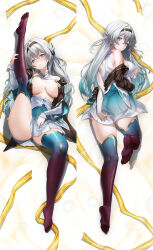 Rule 34 | 1girl, absurdres, aqua skirt, aqua thighhighs, black hairband, black jacket, blue eyes, breasts, breasts apart, center opening, dakimakura (medium), firefly (honkai: star rail), from behind, full body, grey hair, hairband, highres, honkai: star rail, honkai (series), jacket, knee up, large breasts, leg up, looking at viewer, lying, multiple views, no shoes, off shoulder, on back, on side, parted lips, partially unbuttoned, shirt, skirt, smile, thighhighs, thighs, white shirt, xfate, yellow background