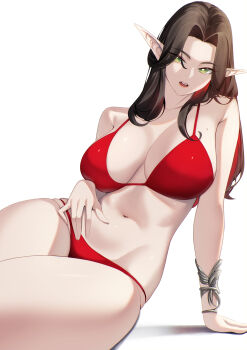 1girl bikini blueorca bracelet breasts bright_pupils brown_hair cleavage collarbone commentary elf english_commentary green_eyes hand_on_own_hip hand_rest highres jewelry large_breasts long_hair looking_at_viewer mole mole_on_breast navel open_mouth original parted_bangs pointy_ears red_bikini skindentation solo swimsuit teeth thick_thighs thighs upper_teeth_only white_background white_pupils