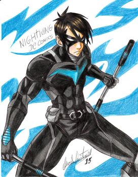 1boy 2015 abs batman_(series) black_bodysuit black_hair bodysuit dc_comics dick_grayson domino_mask eye_mask holding holding_weapon mask mask_on_head multicolored_bodysuit nightwing pectorals ravernclouk_design short_hair simple_background solo two-tone_bodysuit weapon