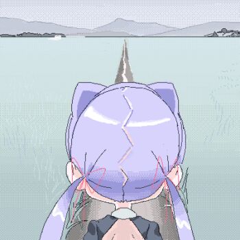 1girl animal_ear_hairband animal_ears azemichi_(aida_makoto) bare_back black_sleeves cat_ear_hairband cat_ears derivative_work facing_away fake_animal_ears field forced_perspective from_behind grass hairband jaggy_lines lokulo-chan_(lokulo_no_mawashimono) lokulo_no_mawashimono long_hair low_twintails lowres mountainous_horizon original outdoors parted_hair path photo-referenced purple_hair road shrug_(clothing) solo straight-on twintails vanishing_point