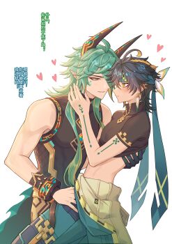 2boys absurdres ajaw_(genshin_impact) black_gloves black_hair black_shirt chinese_commentary chinese_text clothes_around_waist clothes_lift commentary_request dragon_horns earrings facial_mark genshin_impact gloves green_eyes green_hair hair_between_eyes headband highres horns humanization jewelry kinich_(genshin_impact) liu_(erzplubdduik93g) long_hair male_focus midriff multicolored_eyes multicolored_hair multiple_boys open_clothes open_shirt pointy_ears shirt shirt_lift short_sleeves single_glove yaoi
