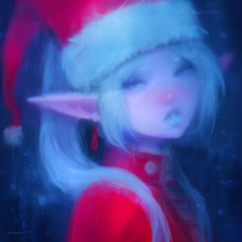1girl alex_chow blue_eyes blue_lips blue_theme blush frieren from_side fur-trimmed_headwear fur_trim hair_behind_ear hat jacket long_hair long_pointy_ears looking_to_the_side nose_blush parted_lips pointy_ears portrait red_hat red_jacket santa_hat solo sousou_no_frieren twintails