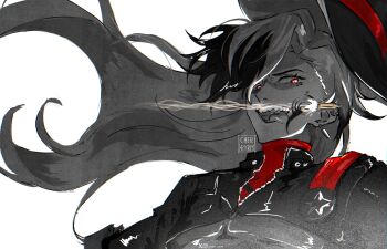 1boy :d artist_name boothill_(honkai:_star_rail) bullet cowboy_hat crazy_eyes crazy_smile cropped_jacket cyborg ear_piercing earrings floating_hair greyscale hashtag-only_commentary hat hat_loss highres honkai:_star_rail honkai_(series) instagram_logo jacket jewelry long_hair looking_at_viewer male_focus mole mole_under_eye monochrome multicolored_hair open_mouth parted_bangs piercing projectile_trail red_pupils ryrmcher sharp_teeth sheriff_badge simple_background smile solo spot_color streaked_hair teeth tongue tongue_out twitter_x_logo upper_body upper_teeth_only v-shaped_eyebrows watermark white_background zipper zipper_pull_tab