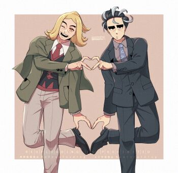 2boys batabiru black_jacket black_pants black_shoes black_sweater_vest blonde_hair blue_necktie border collared_shirt foot_out_of_frame green_jacket grey_shirt hassel_(pokemon) heart heart_hands heart_hands_duo heart_legs_duo jacket larry_(pokemon) long_sleeves male_focus multiple_boys necktie nintendo one_eye_closed orange_eyes pants pokemon pokemon_sv shirt shoes sweater_vest thick_eyebrows unamused white_border yaoi