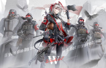 1girl 4others absurdres antenna_hair arknights armband armor assault_rifle bird black_coat black_gloves black_hat black_jacket black_pantyhose black_scarf black_skirt bolt_action coat cross demon_horns demon_tail eagle english_text fingerless_gloves full_armor gas_mask gloves grey_hair gun hand_on_own_hip hand_up hansi hat highres holding holding_gun holding_unworn_clothes holding_unworn_hat holding_weapon horns iron_cross jacket long_sleeves looking_at_viewer m4_carbine mask mauser_98 mp40 multiple_others nazi open_clothes open_jacket orange_eyes pantyhose parted_lips red_armband red_nails reichsadler rifle ruins scarf shirt short_hair skirt smile stg44 submachine_gun tail unworn_hat unworn_headwear w_(arknights) weapon white_shirt