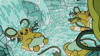 animal_focus buck_teeth closed_mouth dedenne gen_6_pokemon lying nintendo no_humans on_back onamuzi_illust open_mouth pokemon pokemon_(creature) pokemon_focus smile tail teeth water waterfall whiskers