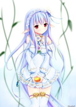 1girl absurdres blue_hair breasts dress frilled_dress frills hair_ornament hair_ribbon hamchiko highres iris_mysteria! md5_mismatch off-shoulder_dress off_shoulder pointy_ears red_eyes resolution_mismatch ribbon small_breasts source_larger yuu_(iris_mysteria!)