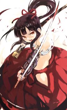 1girl armor black_hair brown_eyes bushidou_(sekaiju) bushidou_2_(sekaiju) chest_sarashi commentary_request etrian_odyssey hakama hakama_skirt highres holding holding_sword holding_weapon japanese_armor japanese_clothes katana long_hair ponytail red_hakama sarashi shoulder_armor skirt sode solo sword tsutsugano weapon