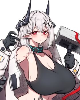 1girl alternate_breast_size_(larger) arknights bare_shoulders black_collar black_gloves black_horns black_sports_bra blush breasts bright_pupils cleavage collar collarbone commentary diamond_hair_ornament ear_piercing gloves grey_hair hair_between_eyes hair_ornament hammer hands_up highres holding holding_hammer holding_weapon horns huge_breasts infection_monitor_(arknights) jumpsuit long_hair long_sleeves looking_at_viewer material_growth mudrock_(arknights) mudrock_(elite_ii)_(arknights) off_shoulder open_clothes open_jumpsuit oripathy_lesion_(arknights) parted_lips piercing pointy_ears puffy_long_sleeves puffy_sleeves red_eyes rikuguma sideboob simple_background sledgehammer solo sports_bra steaming_body sweat weapon white_background white_jumpsuit white_pupils