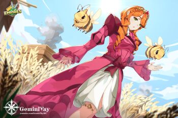 1girl animification bee bow braid bug cloud commentary crown_braid dress dutch_angle earrings empires_smp english_commentary geminitay geminitay_(princess) gown green_eyes highres insect jewelry long_hair long_sleeves looking_at_viewer minecraft_youtube orange_hair outdoors pink_dress pointy_ears princess red_bow ringlets saikomakesart sky smoke solo tiara wheat