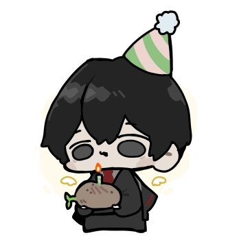 Rule 34 | 1boy, absurdres, black coat, black hair, black pants, candle, chibi, coat, commentary request, fire, hat, highres, korean commentary, limbus company, necktie, pants, party hat, potato, project moon, short hair, simple background, solo, teko1193, white background, wings, yi sang (project moon)