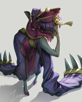 1girl absurdres bent_over blue_skin blush_stickers breasts china_dress chinese_clothes claw_(weapon) cleavage colored_skin darkstalkers dress full_body harem_pants hat highres hsien-ko jiangshi looking_at_viewer ofuda ofuda_on_head orange_eyes pants pink_dress pink_hat purple_hair purple_pants purple_sleeves qingdai_guanmao smile solo teppu_tora undead weapon