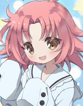 1girl :d ahoge blue_background blush buttons commentary highres kogami_akira looking_at_viewer lucky_channel lucky_star nakobon open_mouth pink_hair school_uniform shirt short_hair smile spiked_hair star_(symbol) white_shirt yellow_eyes