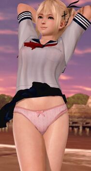 1girl 3d animated animated_gif arms_up beach blonde_hair bow bow_panties cowboy_shot dead_or_alive female_focus hair_ornament lowres marie_rose outdoors panties pink_panties school_uniform serafuku skirt skirt_around_belly solo standing thighs twintails underwear water wind wind_lift