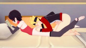 1boy 1girl 3d bed bed_sheet boruto:_naruto_next_generations breasts censored glasses hetero indoors male_masturbation masturbation multitasking naruto_(classic) naruto_(series) pillow ramiro666 red-framed_eyewear short_hair tagme uchiha_sarada uzumaki_boruto