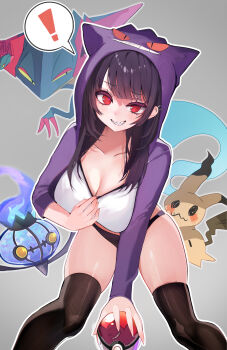 ! 1girl absurdres black_panties black_thighhighs blush breasts chandelure cleavage clothed_pokemon dragapult dreepy gen_1_pokemon gen_5_pokemon gen_7_pokemon gen_8_pokemon gengar highres large_breasts long_sleeves looking_at_viewer mimikyu niku_(hamuchang) nintendo original panties poke_ball pokemon pokemon_(creature) red_eyes sharp_teeth smile solo spoken_exclamation_mark teeth thighhighs underwear