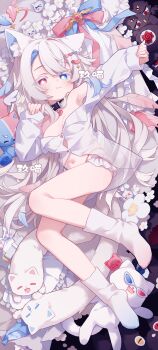 1girl absurdres animal_ear_fluff animal_ears artist_self-insert blue_eyes blush breasts collar commentary_request evilcat9 flower hair_ornament heterochromia highres holding_sleeve long_hair looking_at_viewer lying on_back original red_eyes ribbon see-through_clothes see-through_shirt shirt signature small_breasts socks solo stuffed_toy thong very_long_hair white_hair white_socks