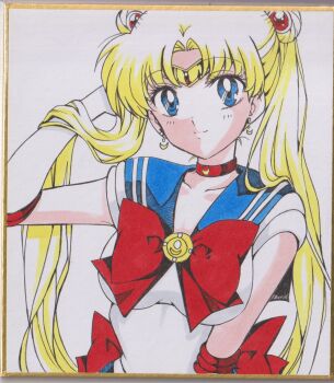 1girl bishoujo_senshi_sailor_moon blonde_hair blue_eyes blue_sailor_collar bow chikoto_(kztc4472) choker crescent crescent_choker crescent_earrings double_bun earrings gloves hair_bun hair_ornament heart highres jewelry long_hair photo_(medium) red_bow red_choker sailor_collar sailor_moon sailor_senshi_uniform simple_background skirt smile solo traditional_media transformation_brooch_(sailor_moon) tsukino_usagi twintails very_long_hair white_background
